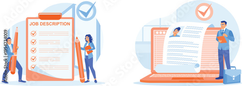 Professionals reviewing job description and candidate application on digital devices