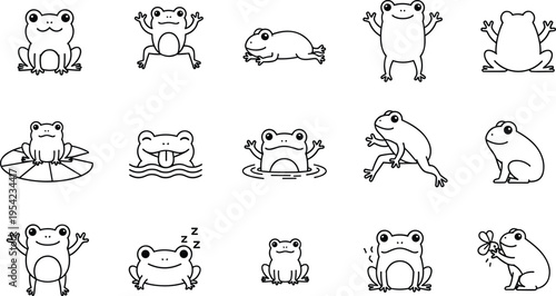 фотографія Cute Cartoon Frog Illustration Set — 15 Adorable Frog Characters in Various Play