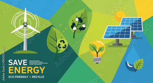 Eco-friendly and sustainable energy concept illustration with wind turbine, solar panels, and green energy icons on a geometric background.