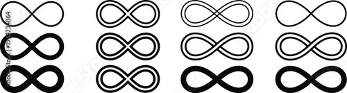 A series of 12 black infinity symbols with varying line widths and overlaps on a white background