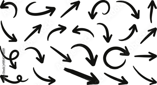A collection of 20 hand drawn black arrows on a white background pointing in various directions