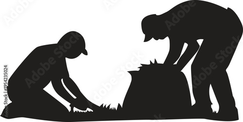 Two figures tending to a plant in a silhouetted garden scene