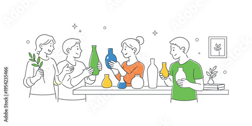 Interior decoration and lifestyle aesthetics concept illustrating individuals selecting and combining simple home accessories to create a visually pleasing environment, using a set