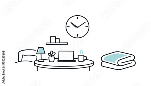 Remote productivity and rest balance within a multifunctional bedroom workspace encouraging mindful routines and organized living habits, a rounded desk outline placed near a