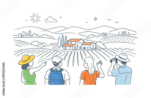 Tuscany Italian countryside landscape appreciation scene where visitors observe a picturesque valley filled with vineyards and traditional rural architecture, a farmhouse and