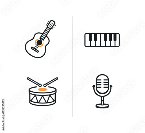 Music instruments line icons representing essential tools used in musical performance, practice, and creative expression across various genres and cultural traditions, visualized