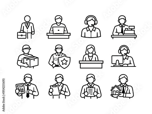 Office and service professions set: business person with briefcase, office worker at laptop, customer support headset operator, cashier at register, delivery courier with package