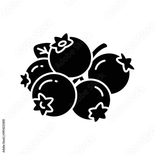 Simple black silhouette of a cluster of blueberries with leaves, perfect for illustrating healthy eating and natural ingredients in design projects