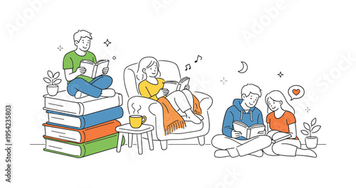 A comfortable home lifestyle scene where friends enjoy a quiet moment reading together in a warm living room environment, illustrated through a visual metaphor of a book stack, a