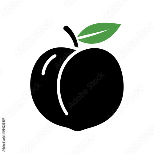 Stylized black plum fruit glyph icon featuring a crisp green leaf, ideal for modern vector illustrations, organic food branding, and healthy lifestyle themes