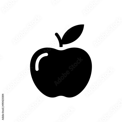Clean, modern black apple fruit icon featuring a single leaf, embodying healthy eating, fresh produce, and natural goodness in a versatile graphic style for various applications