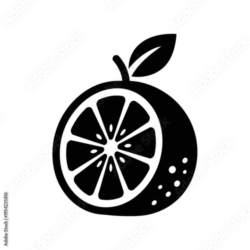 A simple black and white graphic illustration of a halved orange with a leaf, symbolizing freshness and healthy eating