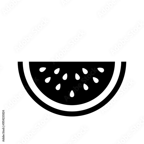 Simple black and white icon depicting a slice of watermelon with seeds, representing summer fruit and healthy eating