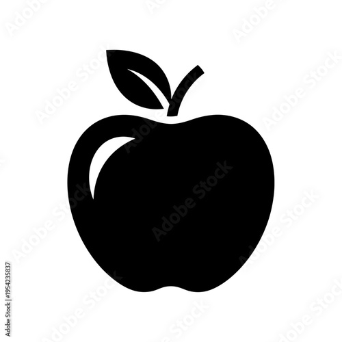 Photography A simple and clean black icon of a ripe apple with a single leaf on its stem, re