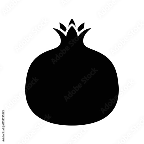 A simple black silhouette of a ripe pomegranate, a symbol of fertility and abundance, presented as a clean graphic icon