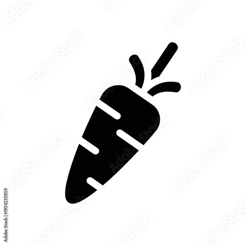 Minimalist black glyph icon representing a fresh, healthy carrot, perfect for vegetarian food applications, organic produce labeling, and nutritional diet illustrations