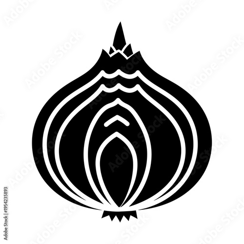 Bold black onion glyph icon, a minimalist silhouette representing a fresh kitchen vegetable. Ideal graphic for culinary themes, healthy eating, and food ingredient designs