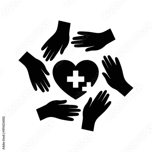 Heart with medical cross symbol surrounded by a circle of hands, representing healthcare and compassion, ideal for medical services and charity