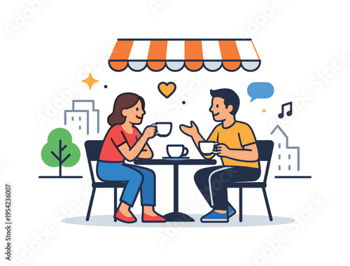 Urban lifestyle scene showing people relaxing and socializing at a street cafe while enjoying coffee and conversation in an open city environment, a small outdoor cafe table with