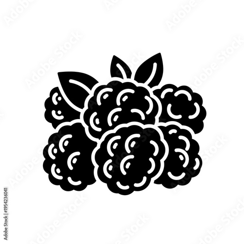 Black silhouette icon depicting a ripe berry cluster with detailed leaves, perfect for healthy food designs, organic product labels, or natural branding visuals