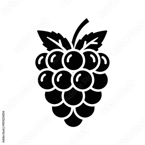 Elegant black silhouette icon of a juicy grape bunch with a stem and leaves, ideal for healthy food branding, organic product labels, or wine industry graphics