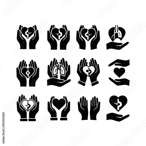 Diverse collection of black vector icons depicting hands holding and protecting vital organs like hearts and lungs, symbolizing health, care, and medical concepts