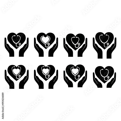 Collection of eight black icons depicting hands cradling a stethoscope shaped like a heart, representing care and medical support
