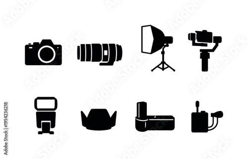 Professional photo gear: mirrorless camera, telephoto lens, studio softbox light, camera stabilizer gimbal, external flash speedlight, lens hood, camera battery pack, wireless