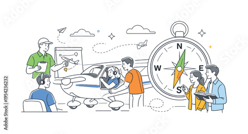 Flight training and skill development concept illustrating aspiring pilots learning navigation and control techniques in a structured environment, using a small aircraft and a