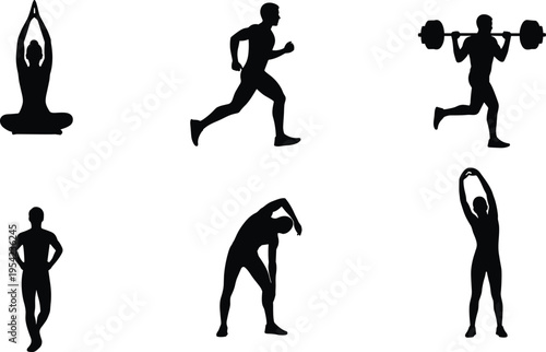 Healthy lifestyle fitness activity silhouettes set with yoga meditation running weightlifting stretching and workout training vector illustration