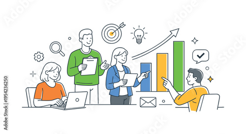 Digital marketing audit and campaign optimization concept where professionals analyze metrics and identify opportunities for growth across channels, featuring a bar chart and