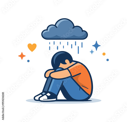 Emotional wellbeing concept focused on loneliness and quiet reflection during difficult moments in life, a seated person with lowered head beside a small rain cloud forming a clear