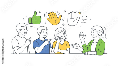 A visual communication learning moment where a small group explores hand signals used to convey quick messages and emotions without spoken language in everyday situations, visual