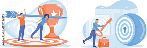 People hitting business targets with arrow and key