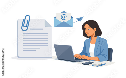 Digital communication and file sharing process in a professional office environment, a large document page icon with a visible paperclip attachment placed beside a laptop where a