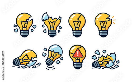 Broken idea concept: cracked light bulb, shattered bulb glass, light bulb with crack line, broken filament bulb, light bulb pieces falling, smashed bulb on floor, bulb with warning