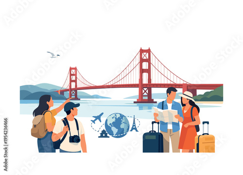 Travel and global landmark recognition in a scenic coastal city setting, the Golden Gate Bridge stretching across calm water with its tall suspension towers and cables forming the