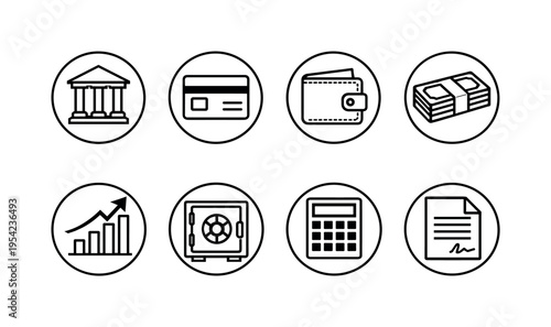 Business finance round icons: bank building inside circle, credit card inside circle, wallet inside circle, cash stack inside circle, investment graph inside circle, safe vault