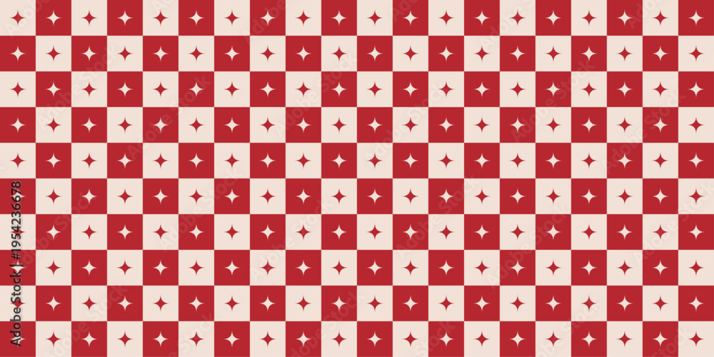 Obraz premium Red Checkerboard Seamless Pattern with Star. Geometric square background. Vintage plaid print for gift wrapping paper and fabric. Vector illustration art