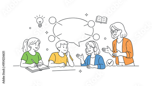 Modern education and mentorship concept illustrating a teacher supporting collaborative learning and critical thinking among students, using a central speech bubble and connected