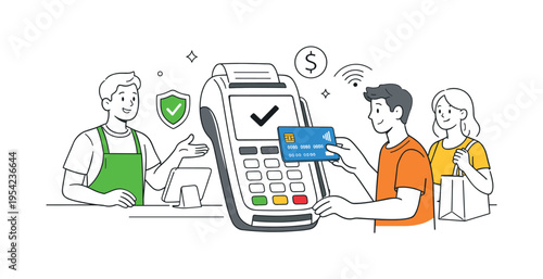 Digital payment transaction scene where a customer completes a purchase using a credit card while interacting with a modern point of sale terminal, a credit card and a payment