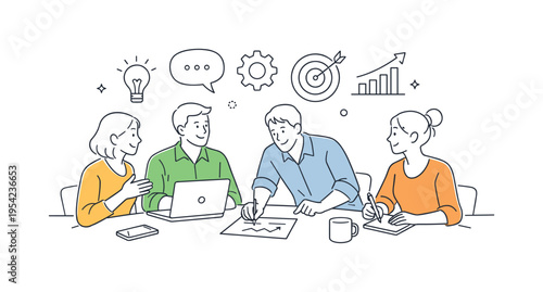 Team collaboration and workplace interaction concept where office workers engage in meetings, discussions, and shared tasks to achieve goals, featuring a table and communication