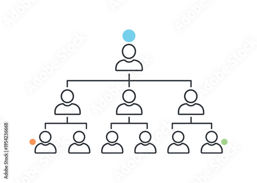 Business structure planning and team alignment for efficient workflow management, a group of small person icons arranged in a branching structure beneath a single top node