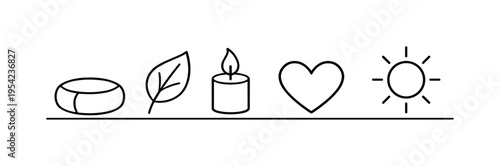 Mindfulness meditation habits and stress reduction practices supporting healthy mental wellbeing and emotional resilience, meditation cushion, leaf, candle, heart, and sun