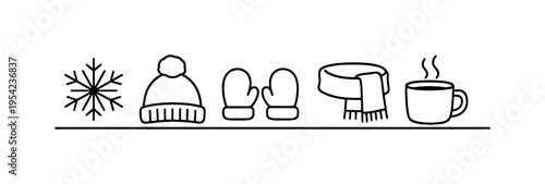 Cold winter weather season and outdoor snowy environment encouraging seasonal activities and cozy indoor relaxation during colder months, a snowflake icon, a winter hat with pom