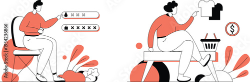 A man and woman sitting and using a computer and phone for online shopping