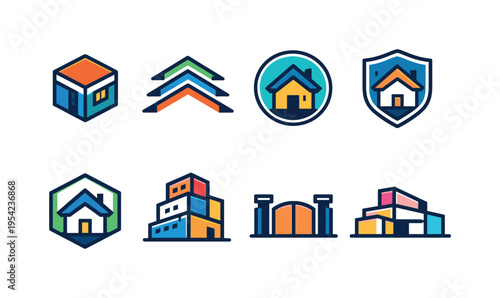 Property business marks: abstract house cube, layered rooftop lines, circular home emblem, shield with house center, house inside hexagon, stacked apartment blocks, minimal gate