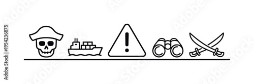 Ocean navigation danger alert highlighting piracy threats and maritime security risks that require vigilance and protective measures during sea transport, a skull symbol, a pirate