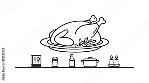 Traditional roasted chicken dish served as a comforting family meal and centerpiece of homemade cooking gatherings, roasted chicken, plate, fork, knife, and herb sprig, delicious