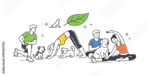 A pet-friendly fitness and healthy routine scene showing individuals incorporating dogs into light exercise and stretching sessions, using a minimal dog pose and a single leaf